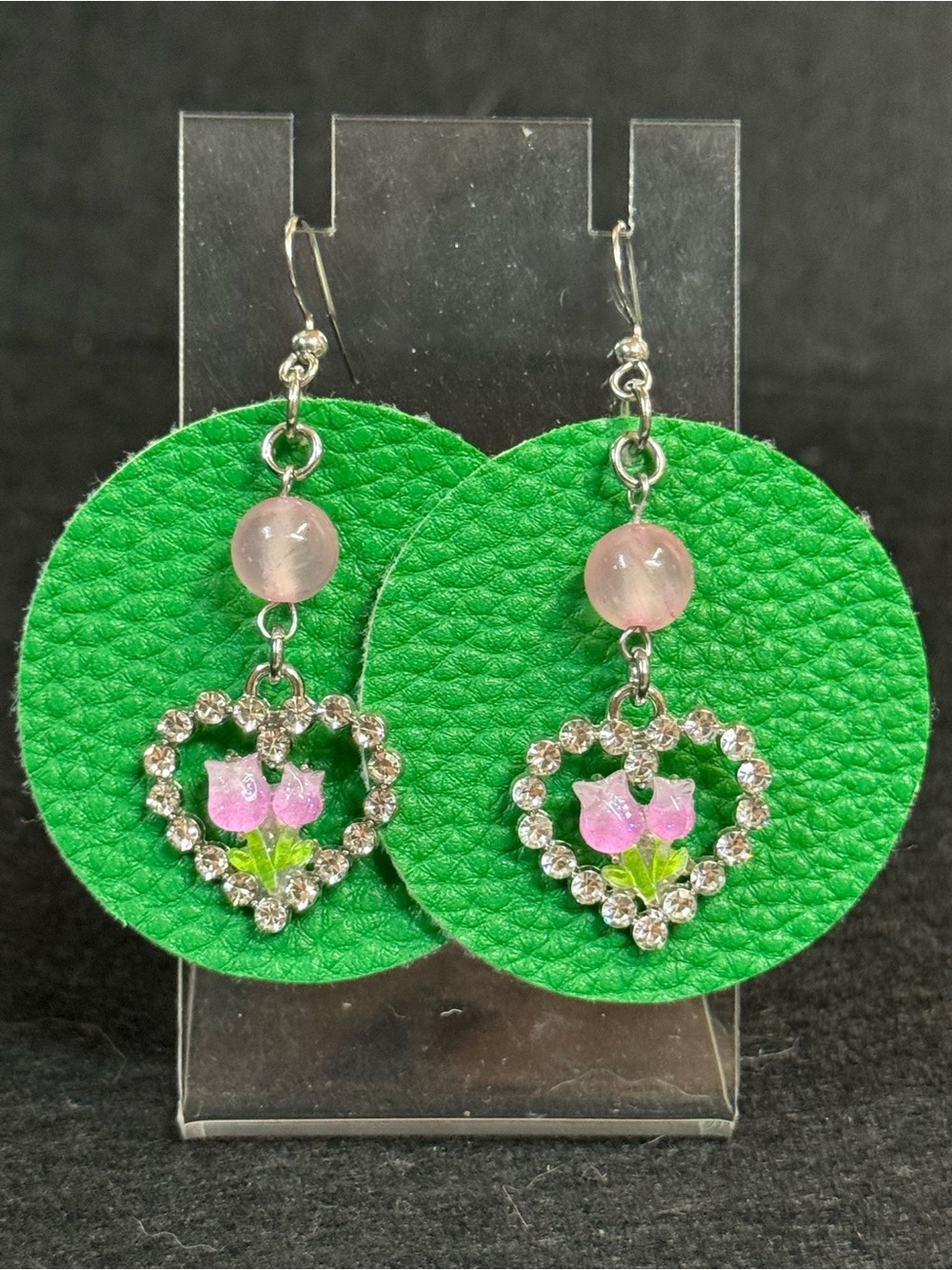 Green Faux Leather Earrings with Pink Tulip Heart Charm